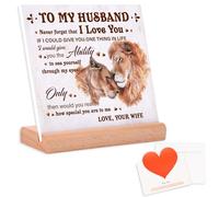 3 Pcs Romantic Valentines Gift for Husband Set with Greeting Card and Envelope, Acrylic Plaque with Wooden Stand for Birthday Valentines Wedding, Ideal Decor for Men Hubby Fiance Groom