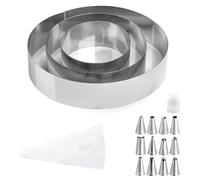 3 Pcs Round Cake Rings Set, 4/6/8 Inch Stainless Steel Dessert Crumpet Eggs Pastry Mousse Cooking Rings Non Stick, Round Cake Fondant Biscuit Cookie Cutters, with 14 Piping Bags and Nozzles Set