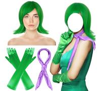3 Pcs Short Green Wig with a Cap, Women Green Cosplay Wig with Purple Scarf and Gloves for Women Halloween Costume Emotion Cosplay
