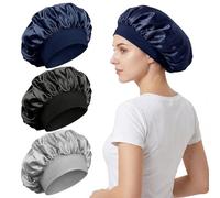 3 Pcs Silk Bonnet Men, Bonnet for Men Black with Soft Elastic Band Hair Bonnet for Sleeping Cap with Wide Band Reversible Satin for Night & Day (Silver, Navy Blue, Black)