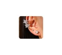 3 Pcs Silver Crystal Star Ear Cuff Earrings for Women Bling Rhinestone Small Stud Earrings for Prom Cocktail Dainty Trendy Cartilage Jewelry Set, 2XL, Alloy Steel, No Gemstone