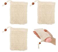 3 Pcs Sisal Soap Bag, Organic Soap Bag Exfoliating Mesh Soap Saver Pouch with Drawstring Natural Safe and Durable for Shower Foaming, Drying Soaps, Exfoliation