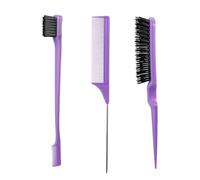 3 Pcs Slick Back Hair Brush Set with Edge Brush, Slick Brush Set, Back Combing Brushes, Bristle Brush, Rat Tail Comb, Teasing Brush Set for Smoothing Baby Hair & Flyaways, Purple