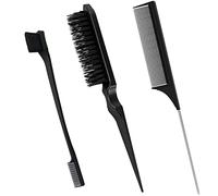3 Pcs Slick Brush Set,Black Back Combing Brush Hair Slick Back Brush,Plastic Bristle Hair Brush and Teasing Comb, Rat Tail Comb Double Sided Edge - Teasing & Edges Brush for Women's Salon Styling