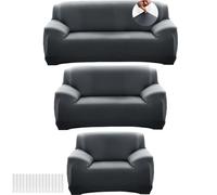 3 Pcs Sofa Slipcover Set for 3-Seater Sofa, Loveseat and Armchair, Soft Stretch Form-Fit Sofa Covers with Foam Strips, Washable Non-Slip Furniture Protectors for Living Room Office Caravan (Dark Gray)