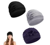 3 PCS Soft Chemo Headwear Wraps - UK Beanie Hats for Women with Elastic Head Scarf & Flower Design - Cancer Chemo Head Coverings & Hair Loss Turbans