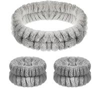 3 Pcs Spa Headband Wrist Washband Set Soft Spa Facial Makeup Skincare Headband Elastic Wrist Sweatband Yoga Sports Shower Fluffy Facial Washing Band for Women Men Gift(Solid Style,Gray)