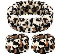 3 Pcs Spa Headband Wrist Washband Set Soft Spa Facial Makeup Skincare Headband Elastic Wrist Sweatband Yoga Sports Shower Fluffy Facial Washing Band for Women Men Gift(Cow Print,White, Black)