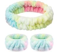 3 Pcs Spa Headband Wrist Washband Set Soft Spa Facial Makeup Skincare Headband Elastic Wrist Sweatband Yoga Sports Shower Fluffy Facial Washing Band for Women Men Gift(Tie Dye,Colorful)