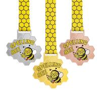 3 Pcs Spelling Bee Medals Honeycomb Gold Silver Bronze Spelling Bee Trophy Awards with Neck Ribbon for Kids Adults Competitions Party Supplies
