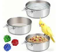 3 Pcs Stainless Steel Bird Food Water Bowls, Parrot Feeding Dish Cups with Clamp Holder Bird Ball Toys for Chinchilla, Cockatiel, Conure, Budgies, Parakeet, Lovebirds, Small Animals (Small)