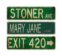 3 PCS Stoner Avenue Mary Jane Lane EXIT 420 Street Sign Weed Stoner Accessories Gifts Stuff - Vintage Rustic Stoner Grunge Room Decor - 4 x 16 inch Retro Metal Tin Sign Wall Decor