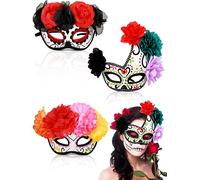 3 Pcs Sugar Skull Half Masks for Day of the Dead Mexican Costume Día De Los Muertos Women Mask Half Face Eyemask for Men, Multicolored, One Size