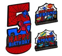 3 Pcs Superhero 5th Birthday Number Sign Centerpiece, Superhero Theme 5th Number Stand Sign, Superhero 5th Birthday Wooden Tiered Tray Table Home Decoration (Double-Sided)