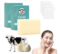3 PCS Tallow Soap, Pure Beef Tallow Soap for Face Body Hand, Unscented Bath Soap Bar for Men Women Gentle Cleaning Nourishing Moisturising, Soothing with 3 Foaming Nets (White)