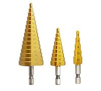 3 Pcs Titanium Step Drill Bit Set, YOCZOX Multi-Sizes HSS Cone Drill Set with 1/4 Inch Hex Shank, 4-12mm / 4-20mm / 4-32mm for Sheet Metal, Brass, Wood, Plastic, Aluminum, Copper and PVC etc.