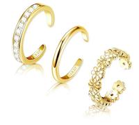3 Pcs Toe Rings for Women,Golden Toe Ring for Women,14k Gold Filled Adjustable Toe-Rings Three Different Beach Style Flower&Diamond Studded Solid Color Fashion Design Toes-Ring Jewelry to Woman,Girls