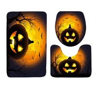 3 PCS Toilet Seat Cover Set Halloween Pumpkin Head Skidproof Toilet Seat Cover Bath Mat Lid Cover Black and Orange