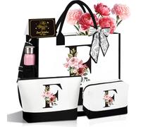 3 PCS Tote Bag, Personalized Initial Makeup Bag, Personalized Gifts for Women,Personalized Present Bag, Canvas Tote Bag for Beach,Wedding,Birthday Gifts for Women, Mom, Teachers, Friends, Bridesmaids