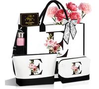 3 PCS Tote Bag, Personalized Initial Makeup Bag, Personalized Gifts for Women,Personalized Present Bag, Canvas Tote Bag for Beach,Wedding,Birthday Gifts for Women, Mom, Teachers, Friends, Bridesmaids