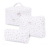 3 Pcs Travel Cosmetic Bag Set Floral Toiletry Bag Cute Cotton Makeup Bag Aesthetic Cosmetic Bag Quilted Makeup Bag Large Travel Floral Makeup Organizer Bag for Women and Girls (Cherry)