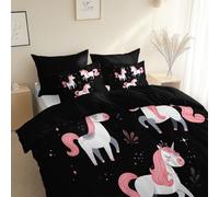 3 pcs Ultra Soft Hypoallergenic Printed Duvet Cover Set, Black Microfiber Bedding, with Hidden ZipperCartoon Style Unicorn with PillowcasesSize 260 x 220 cm