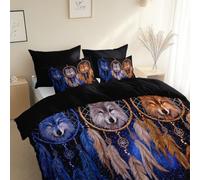 3 pcs Ultra Soft Hypoallergenic Printed Duvet Cover Set, Black Microfiber Bedding, with Hidden ZipperFantasy Style Wolf Head Dream Catcher with Pillowcases Super King Size 260 x 220 cm