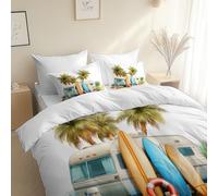 3 pcs Ultra Soft Hypoallergenic Printed Duvet Cover Set, White Microfiber Bedding, with Hidden ZipperCartoon Style Beach Bus with Pillowcases Super King Size 260 x 220 cm