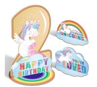 3 Pcs Unicorn 2nd Birthday Number Sign Centerpiece, Unicorn Theme 2nd Number Stand Sign, Unicorn 2nd Birthday Wooden Tiered Tray Table Home Decoration (Double-Sided)