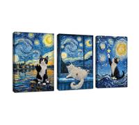 3 Pcs Van Gogh's Starry Night and Cats Framed Canvas Wall Art Prints, Funny By the River Adorable Cats Canvas Painting Vintage Animals Pictures for Bedroom Walls Home Decor for Living Room 30X40cmX3