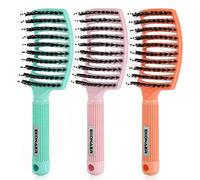 3 Pcs Vented Quick Drying Massage Blow Brush,Boar Bristle Hair Brush Set-Curved,Detangling Hair Brush for Women Long,Thick, Thin, Curly(Green)