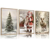 3 Pcs Vintage Christmas Canvas Wall Art Snow Scene Santa Xmas Tree Reindeer Retro Winter Wall Decor Posters Print Artwork for Living room Bedroom Home Decoration Unframed 12x16 Inch