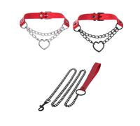 3 Pcs Vintage Love Heart Black Leather Choker Collar and Leash Set for Dogs Pet Emo Gothic Cospaly Gifts Collars Chokers (Red)