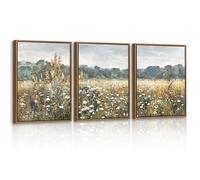 3 Pcs Vintage Wildflower Landscape Framed Canvas Wall Art Prints, Retro Fields Floral Wall Pictures Classic Nature Wilderness Farmhouse Canvas Painting Home Decor for Bedroom Living Room 30X40cmX3 Pcs