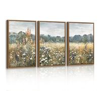 3 Pcs Vintage Wildflower Landscape Framed Canvas Wall Art Prints, Retro Fields Floral Wall Pictures Classic Nature Wilderness Farmhouse Canvas Painting Home Decor for Bedroom Living Room 40X60cmX3 Pcs