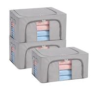 3 Pcs Wardrobe Storage Organiser, 24 L / 5.28 UK Gal Foldable Clothes Storage Box with Steel Frame Double Opening Zips and Clear Windows, Oxford Cloth Closet Organiser for Clothing