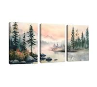 3 Pcs Watercolor Scenery by the Lake Canvas Wall Art Set, Boho Pink Forest Wall Painting Nature Green Pines Wall Pictures Forest Wilderness Artwork Decor for Living Room Bedroom Dining Room 30x40cmx3
