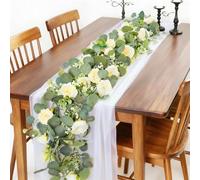 3 Pcs Wedding Table Decoration Set, Including 2 Artificial Eucalyptus Flower Garlands and 35.4 x 70.9 in / 90 x 180 cm Gauze Table Runner, White Floral Garland Table Runner Decoration
