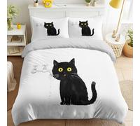 3 Pcs White Luxury Bedding Black Cat Faucet Water Droplets Shrink Resistant Duvet Cover Minimalist Children’s Book Fluffy Bedding Animal playful illustrated with Zipper for Male & Female, 220x260cm