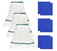 3 Pcs White Mop Head Replacement & 6 Pcs Blue Microfiber Cleaning Cloth Set, Heavy Duty Looped End String Cleaning Mop Head Refills, Lint/Streak Free Clean Rags, for House, Kitchen, Window, Workshop