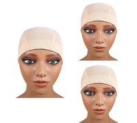 3 PCS Wig Caps Beige Dome Cap with Wide Elastic Band, Stretchy Breathable Wig Liner Cap for Women