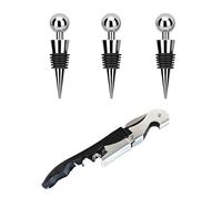3-PCS Wine Stoppers + 1-PCS Opener Set - 9×2×2cm (3.54×0.79×0.79inch), Silver, Fits All Bottle Mouths