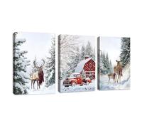 3 Pcs Winter Forest Snow Canvas Wall Art, Christmas Moose Red Car Cabin Wall Paintings Aesthetic White Snow Scenery Pictures on Art Prints for Bedroom Living Room Wall Decor Ready to Hang 40x60cmx3