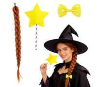 3 Pcs Witch Costume Accessories Set, Light Brown Braided Wig with Yellow Bow and Big Star Magic Wand, Girls Dress Up Props for World Book Day, Halloween Party