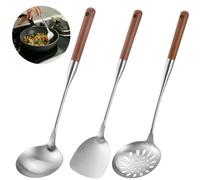 3 Pcs Wok Spatula Set, Wok Tool with Ladle and Skimmer Spoon, Stainless Steel Cooking Utensil Set, Long Rosewood Handle Kitchen Tools for Cooking
