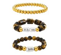 3 PCS Women Beaded Ring, Bohemian Natural Stone Pearl Bead Rings, Natural Stone Bead Ring, Beaded Elastic Ring, Colorful Stretch Jewelry Rings, Gemstone Bead Stackable Ring for Women Girls (Brown)