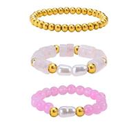 3 PCS Women Beaded Ring, Bohemian Natural Stone Pearl Bead Rings, Natural Stone Bead Ring, Beaded Elastic Ring, Colorful Stretch Jewelry Rings, Gemstone Bead Stackable Ring for Women Girls (Pink)