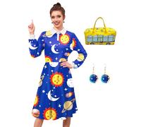 3 Pcs Women Halloween Costume Sets Peter Pan Collar Ms. Frrizle Cosplay Dress with Earrings Blue XL