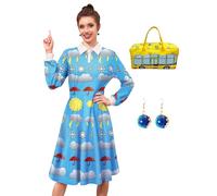 3 Pcs Women Halloween Costume Sets Peter Pan Collar Ms. Frrizle Cosplay Dress with Earrings Light Blue XL