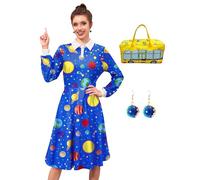 3 Pcs Women Halloween Costume Sets Peter Pan Collar Ms. Frrizle Cosplay Dress with Earrings Sea Blue XL